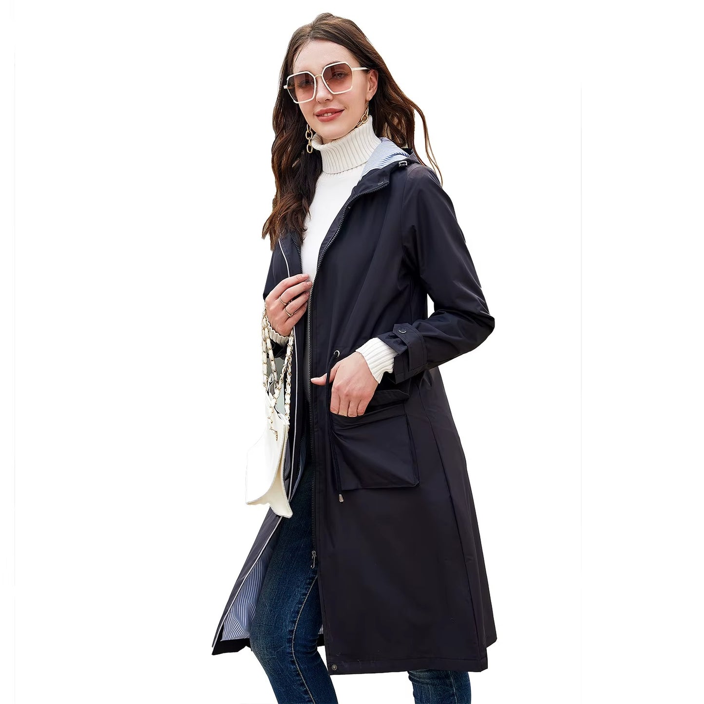 Women's Waterproof Lightweight Rain Jacket Formal Blazer-Style Windbreaker With Zipper Closure Casual Outdoor Hooded Trench Coat