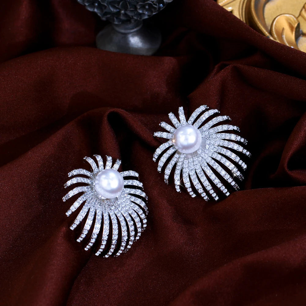 Dazzling White Cubic Zirconia Distinctive Design Imitation Pearl Big Stud Earrings for Women Appointment Engagement Jewelry