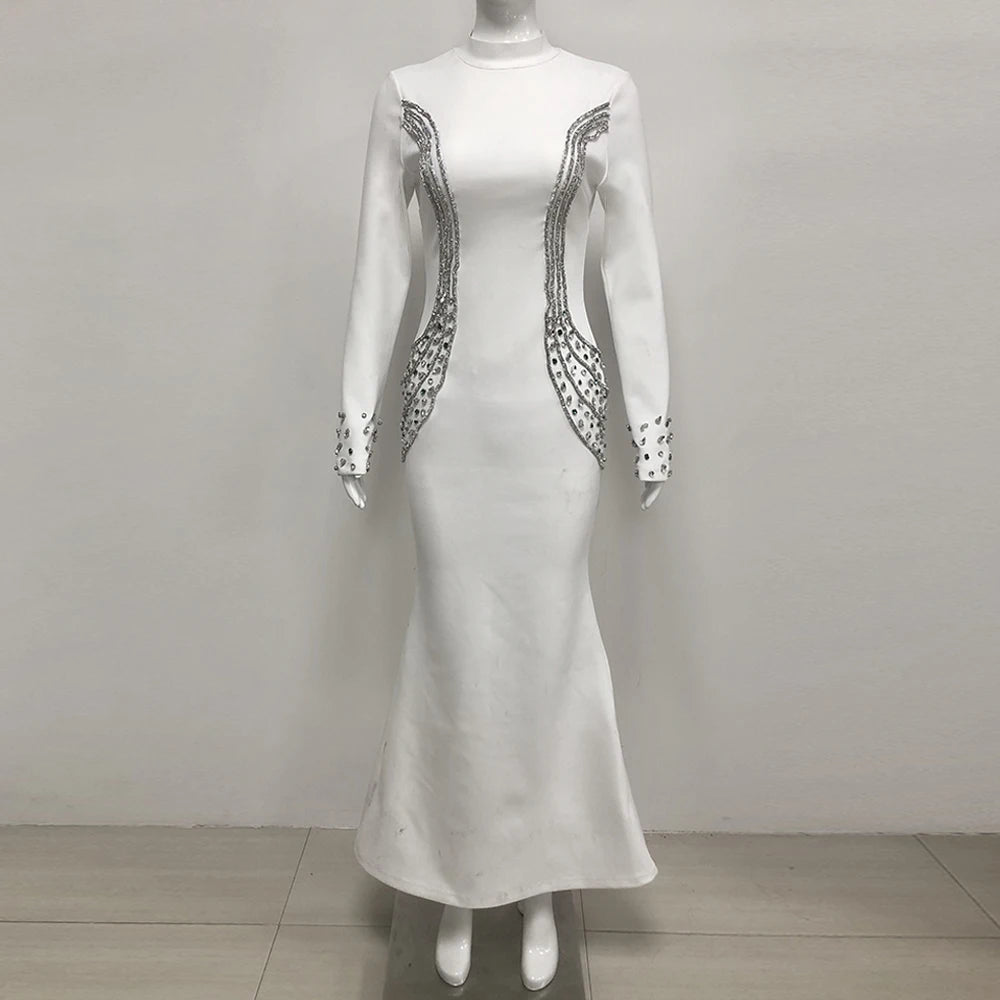 Fashion High End Luxury Bandage Evening Dresses Women Full Sleeve Rhinestone Bodycon Formal Gown Dress