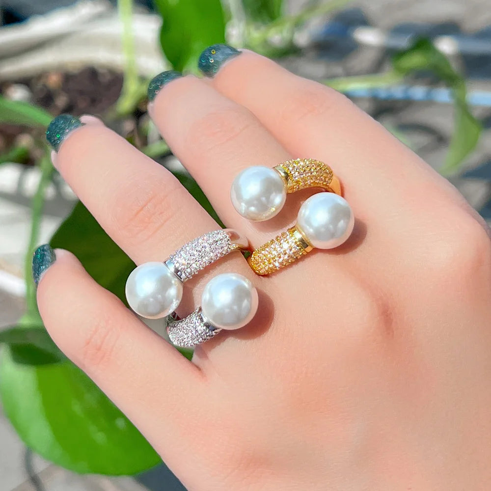 Adjustable Shiny Cubic Zirconia Paved Double Big Pearl Finger Rings for Women Party Engagement Anniversary Weeding Jewelry