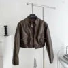 2025 Autumn New Zipper Women's Motorcycle Short Padded Shoulder Jacket Female Long Sleeve Leather Coat