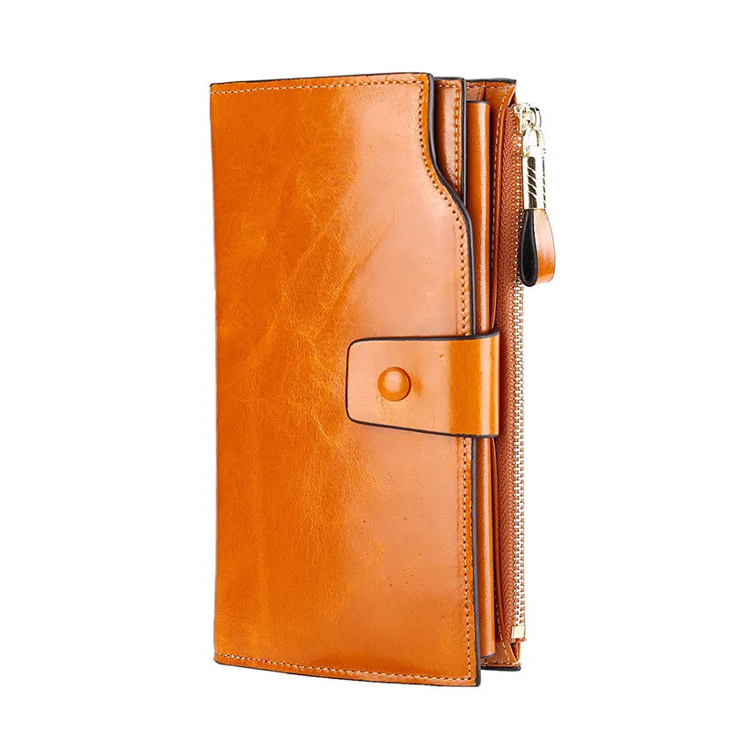 Fashion Real Leather Women RFID Clutch Purse with Strap Long Handle Wallet
