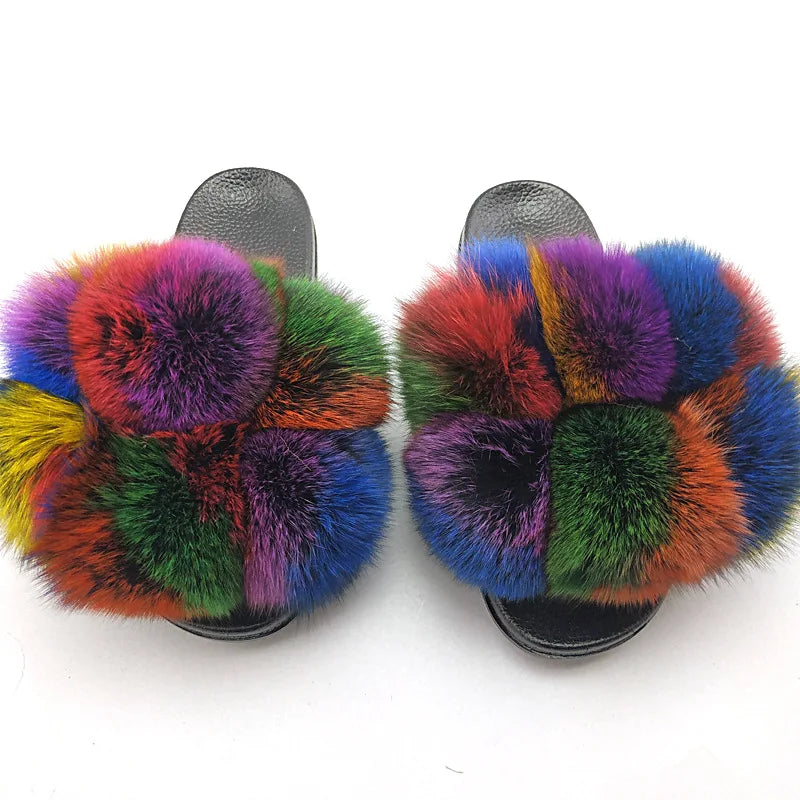 Woman Elegantes Adjustable Slides Fluffy Platform Sandal Rainbow Faux Fur Slippers