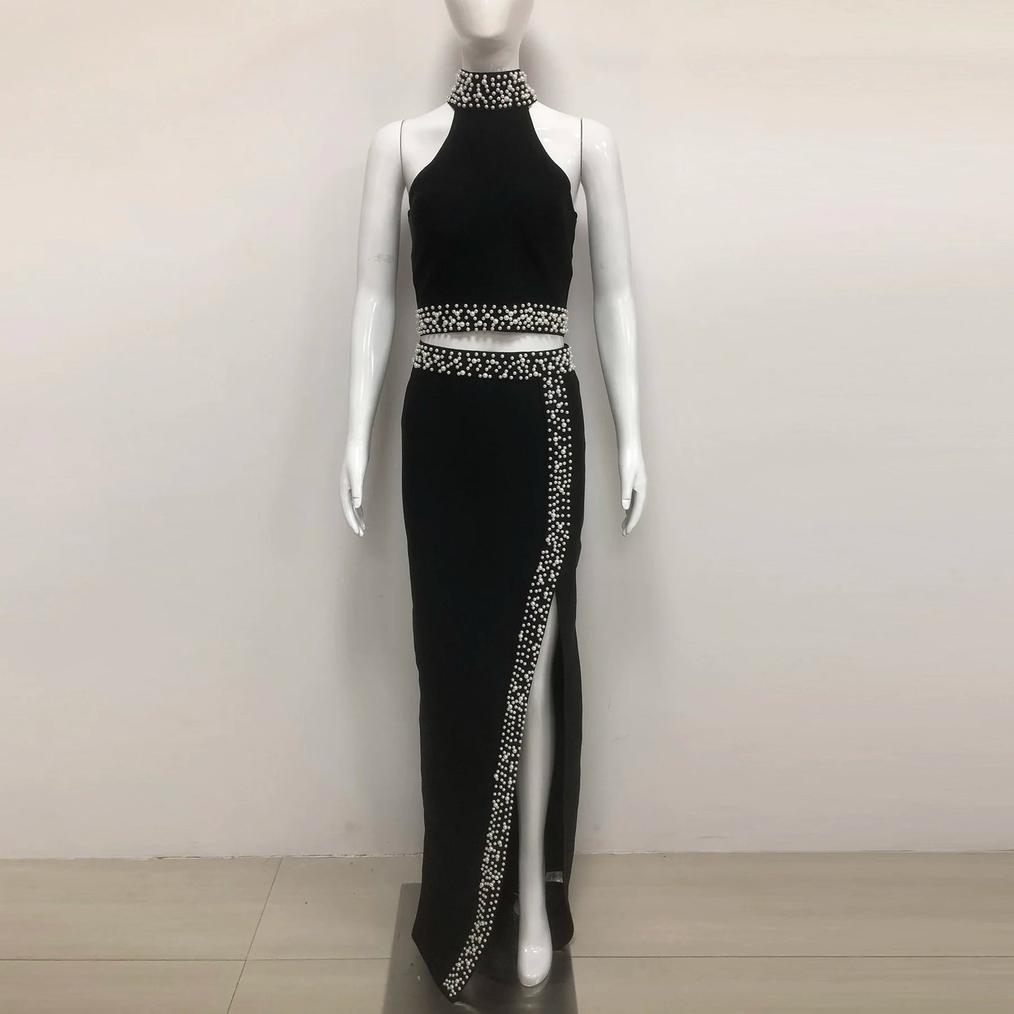 Elegant Black High Slit Skirt Top Set Women's Party Wear Formal Two Piece Bandage Set
