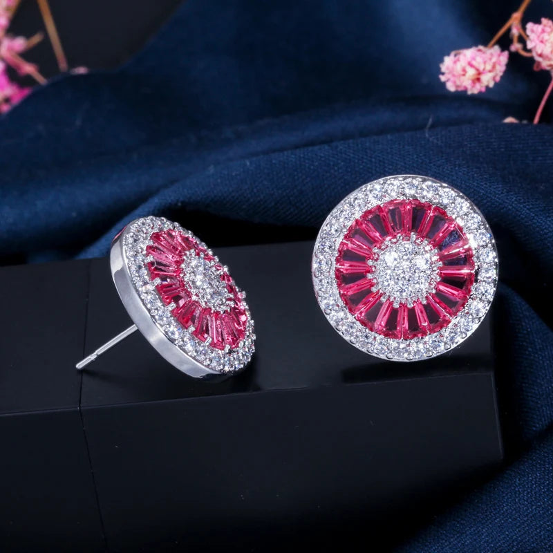Noble Romantic Dark Blue Crystal Jewelry Luxury Round Cubic Zircon Wedding Big Stud Earrings for Women Party Gift