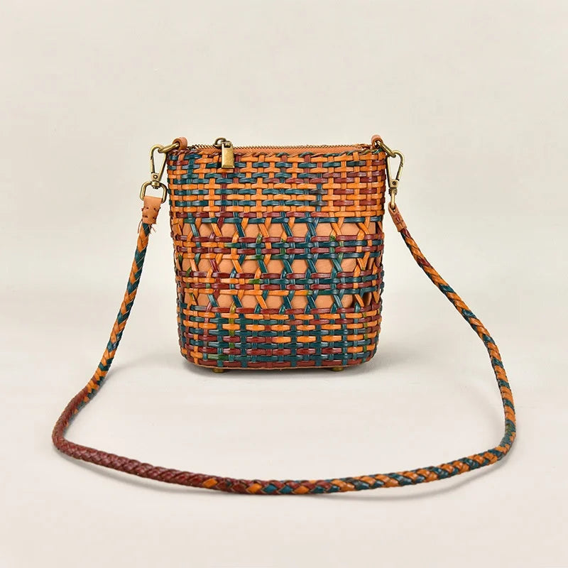 2025 New Luxury Handmade Woven Genuine Leather Messenger Bag Fashionable Colorful Basket Bag Zipper Waterproof