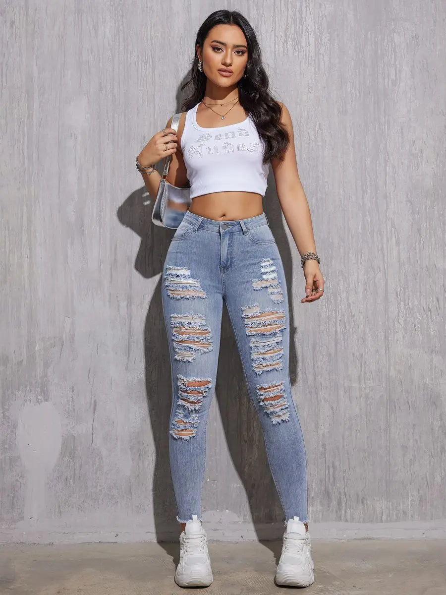 2025 Women's Denim Pants High Quality Ripped Plus Size Jeans Women Stretchy High Waist Jean Woman Pants