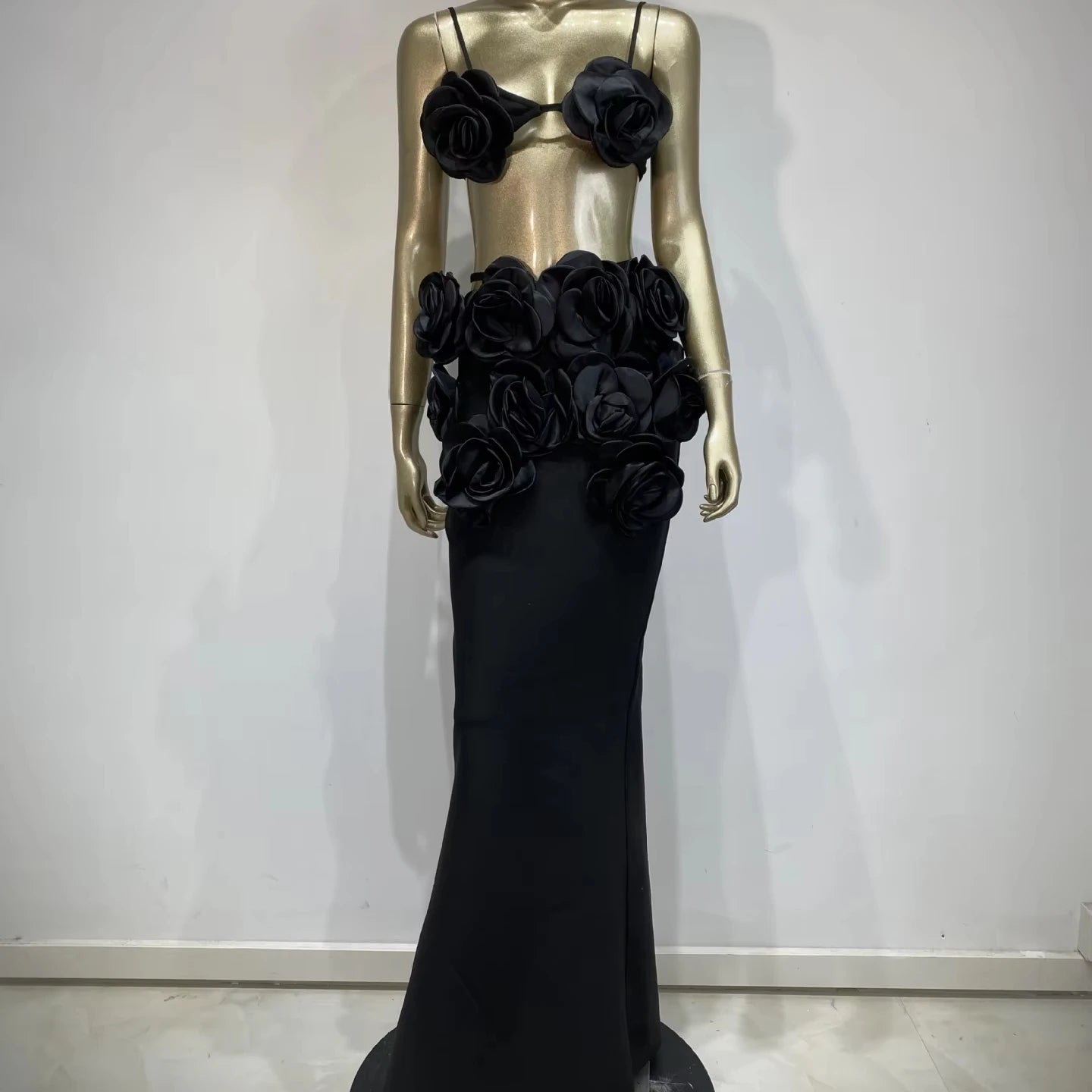 Trending 2025 Latest Arrival Sexy Dark Brown Bandage Dresses 3D Flower Top Floral Maxi Dress Gown Two Piece Set