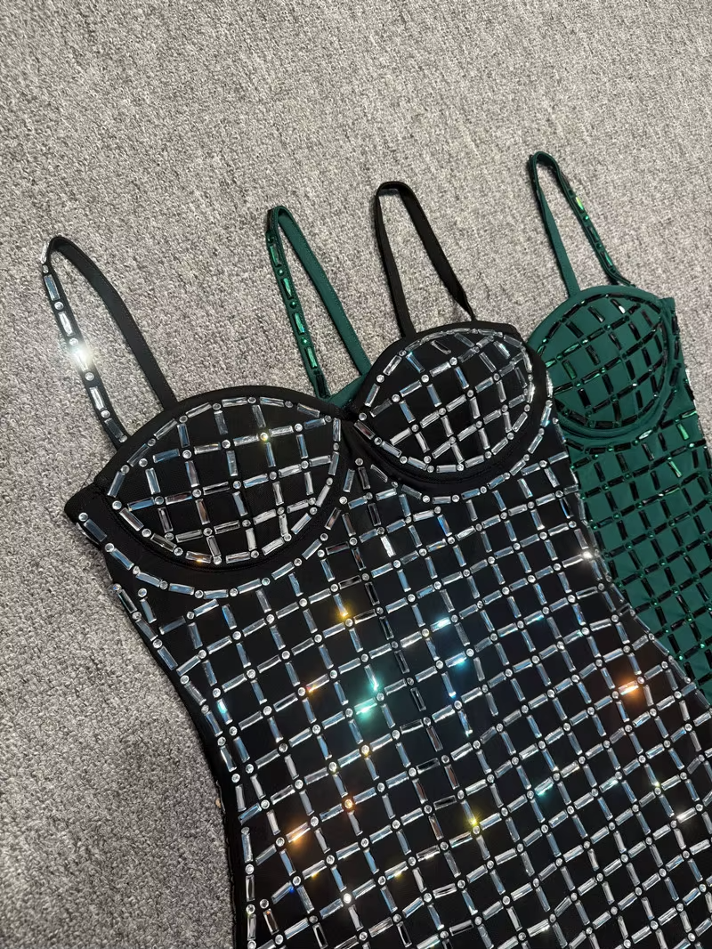 Luxury Rhinestone Grid Strapless Bodycon Mini Bandage Dress Party Club Evening Gala Dinner Black Birthday Dresses