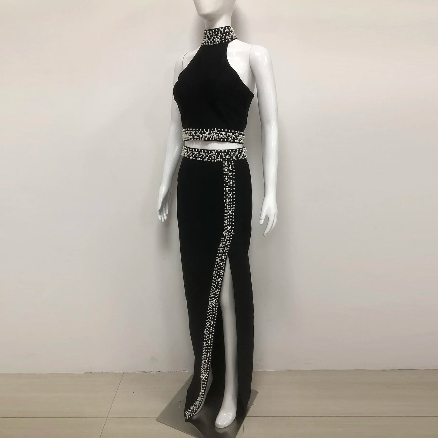 Elegant Black High Slit Skirt Top Set Women's Party Wear Formal Two Piece Bandage Set