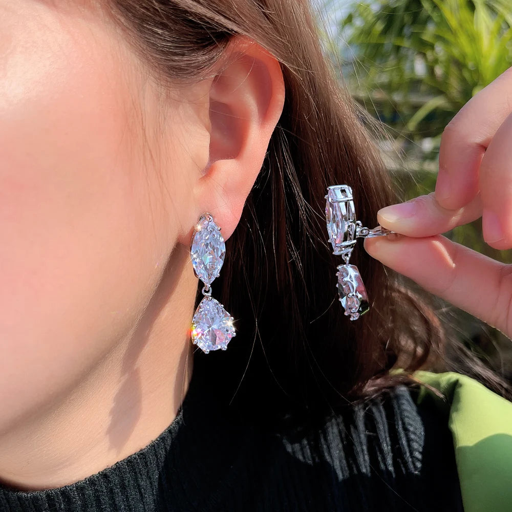 Women Luxury Non Pierced Jewellery Shiny White Cubic Zirconia Clip on Earrings for Girls Wedding Party Special Occasions Jewelry