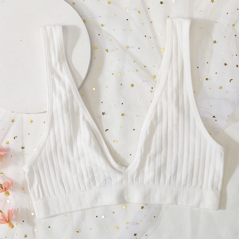 V-neck Push Up Bras For Women Seamless Bra Sexy Lingerie Female Low Back Ribbed Bralette Sleep Underwear Unlined Bra Crop Tops