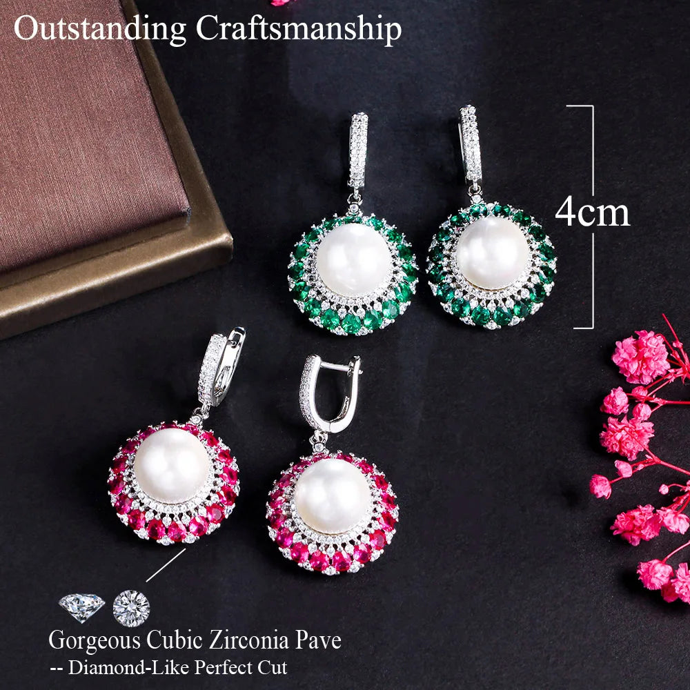 Fashion Silver Plated CZ Huggie Round Big Pearl Drop Earrings for Wedding Quality Green Red Cubic Zirconia Crystal Jewelry Gifts