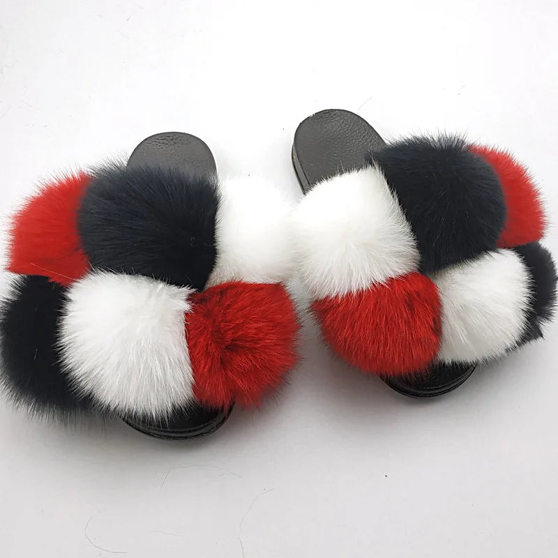 Woman Elegantes Adjustable Slides Fluffy Platform Sandal Rainbow Faux Fur Slippers