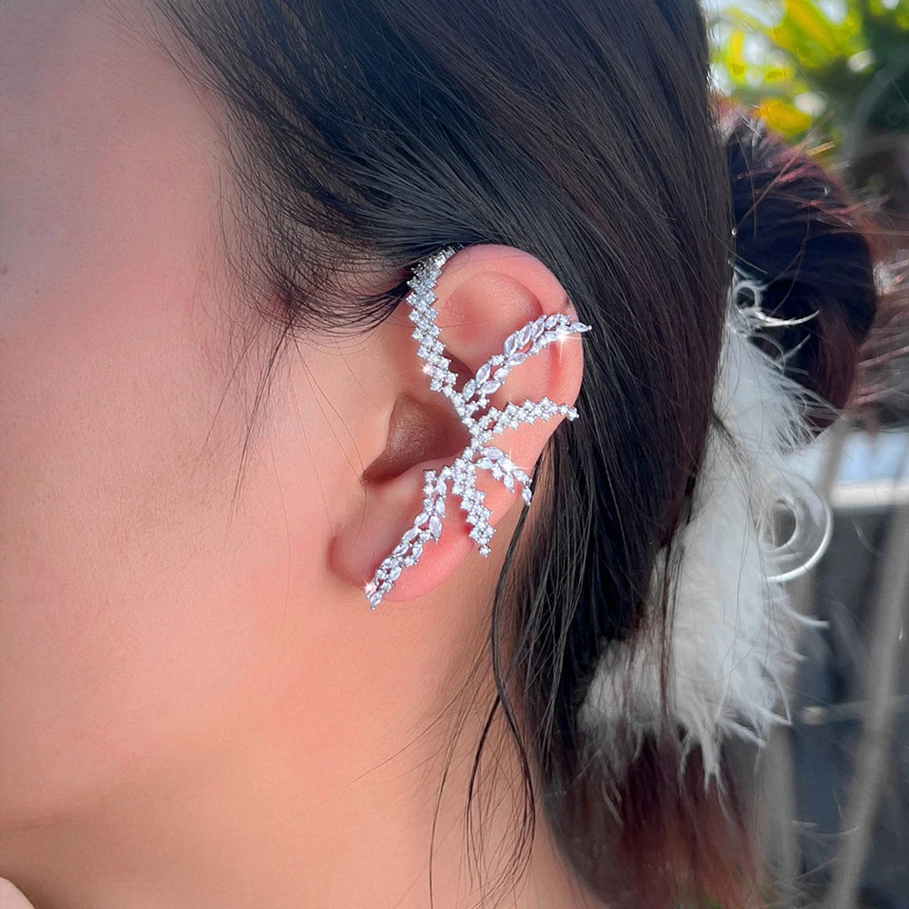 2025 Trendy Zirconia Jewelry Ear Bone Clips Long Big Snowflakes Irregular Wedding Bridal Ear Cuff Climber Earring for Women Gift