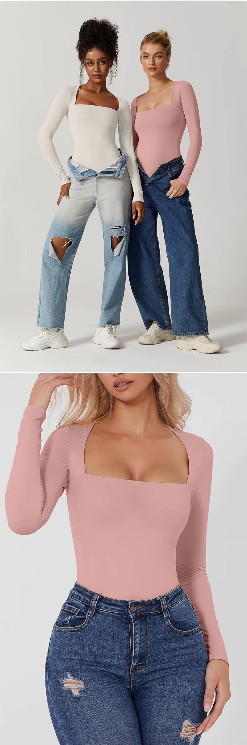 2PCS New Style Women's Sexy Square Neck Bodysuit Long Sleeve Double Lined Shirt Tops