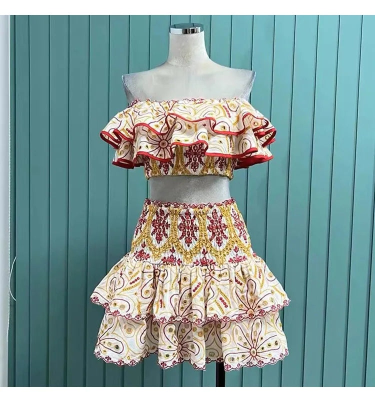 2025 Spring Summer New Lace Two Pieces Sets Off-Shoulder Crop Top + Flounce Hem Skirt Co-ord Set