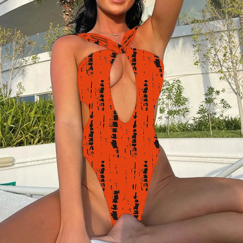 2025 Solid Hollow Halter Swimsuit Women One Piece Sexy Swimwear Female Beachwear Bathers Bathing Swimming Swim Suit