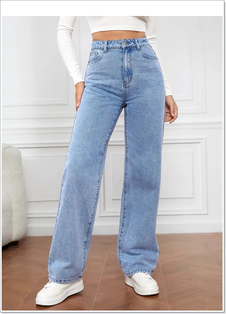 2025 Fashion New Women's High Waist Washed Pure Color Long Casual Basic Straight Leg Long Jeans