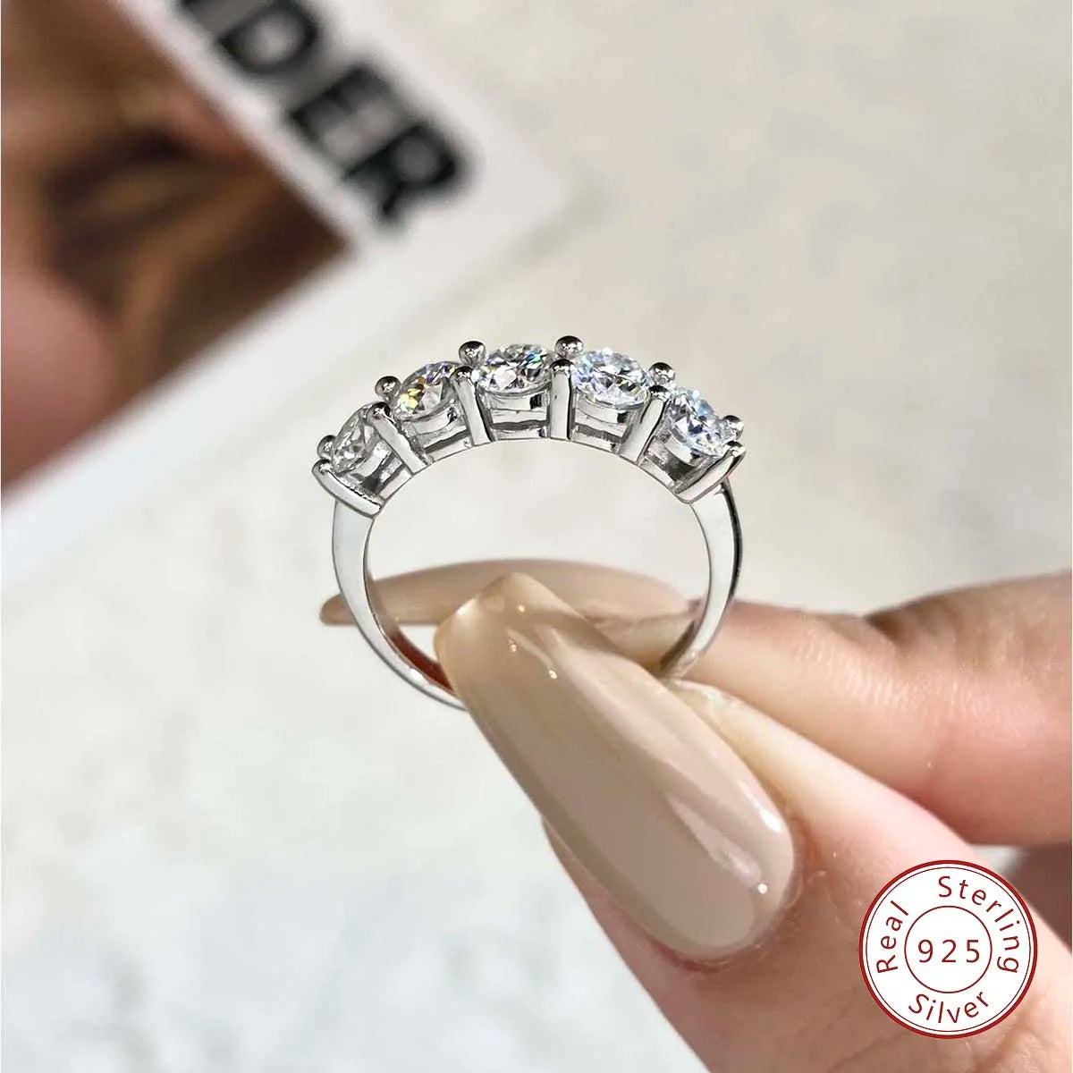 925 Sterling Silver 18k Gold Plated 5 Stone 0.3ct Tennis Eternity Band Diamond Moissanite Ring Wholesale Engagement Fine Jewelry
