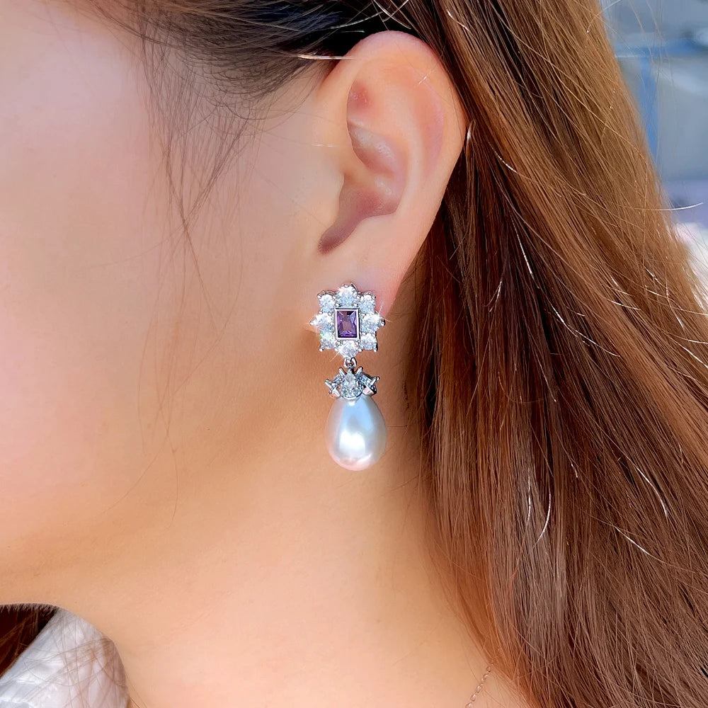 Romantic Purple Cubic Zirconia Imitation Pearl Long Dangle Drop Earrings for Women Daily Wear Special Occasions