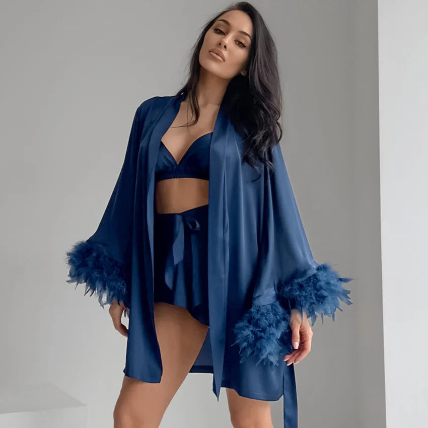 High Quality Feather Women Sexy Lingerie Robe Seductive Women Pajamas Set Women's Underwear Pajamas