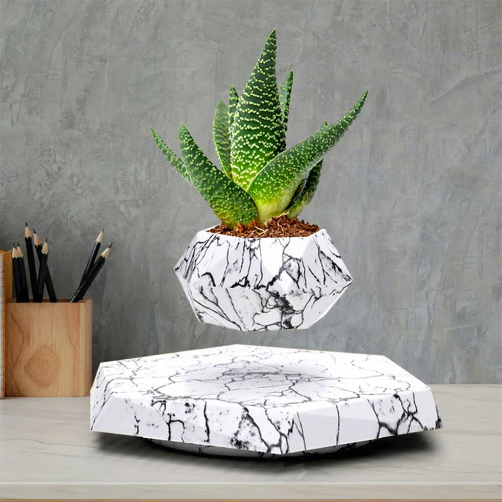 Elegant ABS Plastic Magnetic Levitation Wedding Promotions Agriculture Marble-like Hexagon Affordable Smart Flower Plant Pot