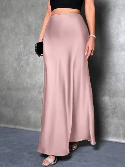 2025 Spring and Summer Hot New Style Silk Satin Skirt High Quality Slim Fit Simple A- Line Women Long Skirt