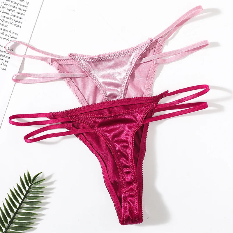 2Pcs/Set Women Panties Low Waist G-string Satin Underwear Female Underpants Solid Color Panty Sexy Lingerie Thongs