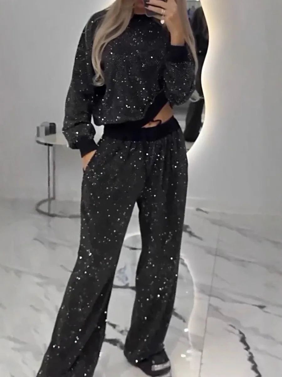 Autumn/Winter Women's Starry Sky Full Sky Long Sleeve Round Neck Loose Top Drawstring Wide Leg Two Piece Set