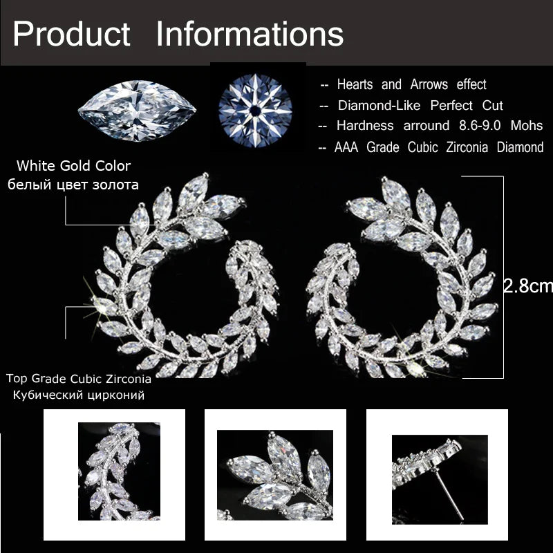 Sparkly White Olive Branch Leaf Shape Marquise Cut Big Cubic Zirconia Paved Stud Earring for Women Fashion Brand Wedding Jewelry