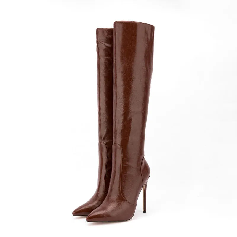 Fashion Style Crazy Horse Pattern Pointy Toe Long Boots Side Zipper Stiletto High Heel Knee High Boots for Women