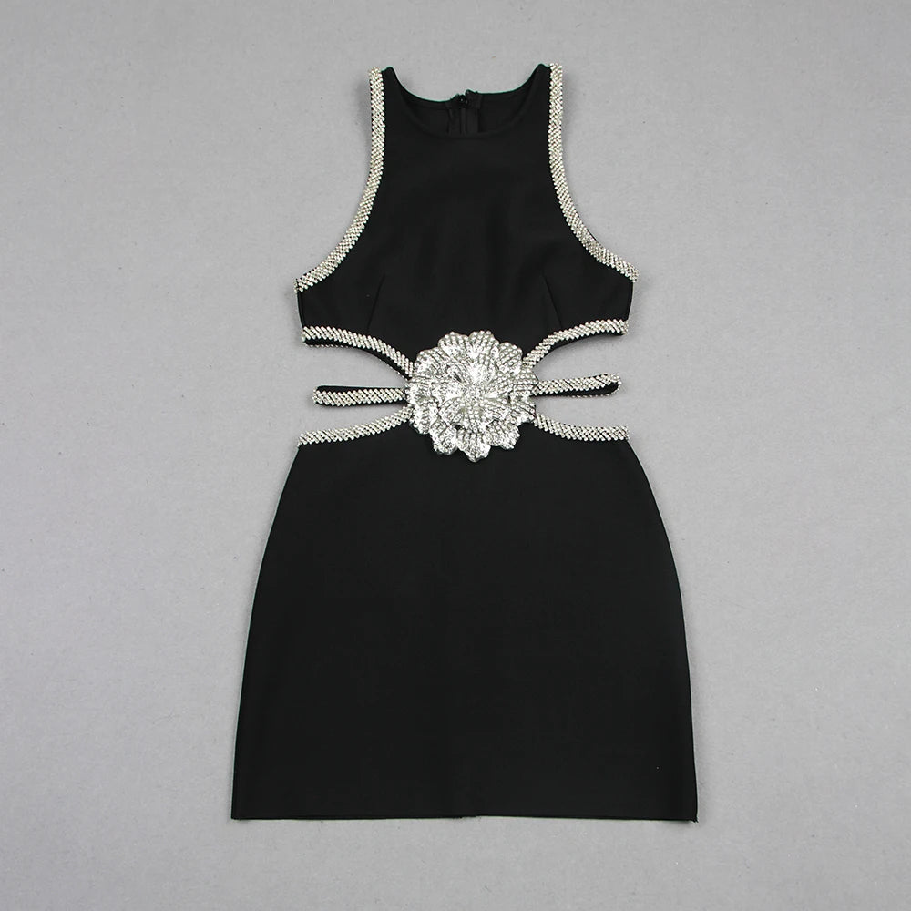 New Fashion Sleeveless Short Party Dress Elegant Women Rhinestone Flower Sexy Cut-out Club Dresses