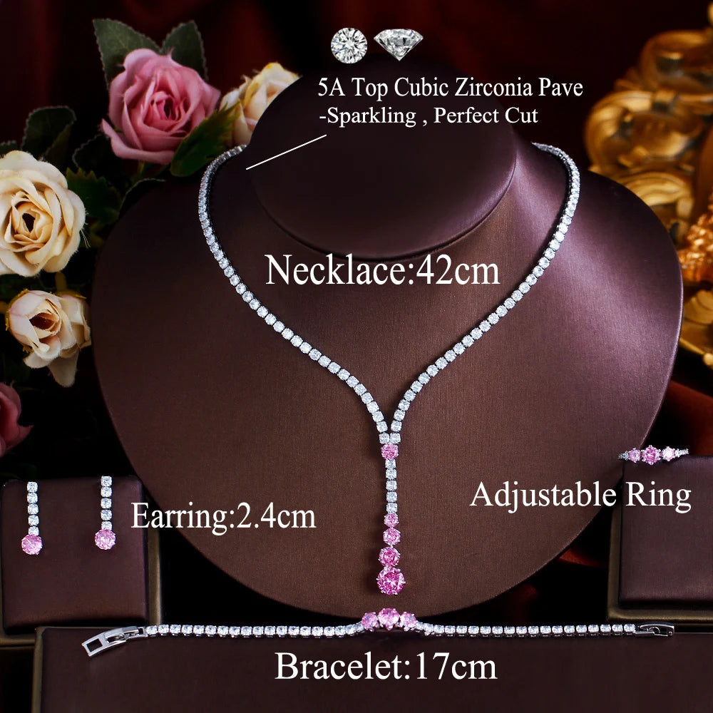 4pcs Glittering Cubic Zircon White Pink Necklace Earrings Bracelet and Ring Wedding Bridal Jewelry Set for Women Party Accessory