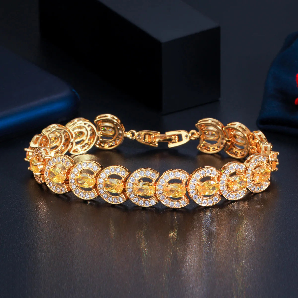 Luxury Wedding Party Jewelry 18k Yellow Gold Plated Cubic Zirconia Stone Chain Link Tennis Bracelet for Women