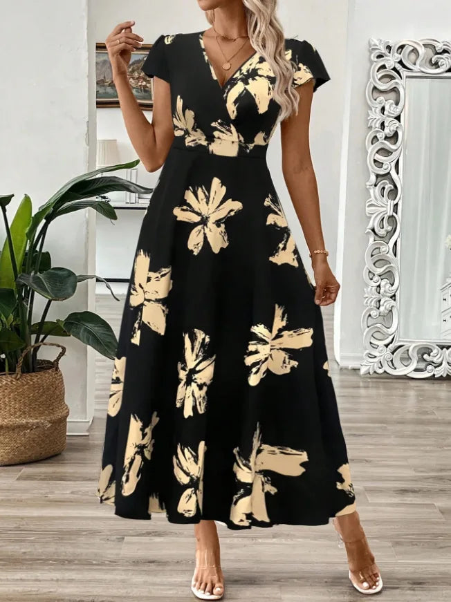 2025 New Fashion Women's Summer Dress Deep V-Neck Sexy Slim High Waist Short Sleeve Printed Maxi Dress