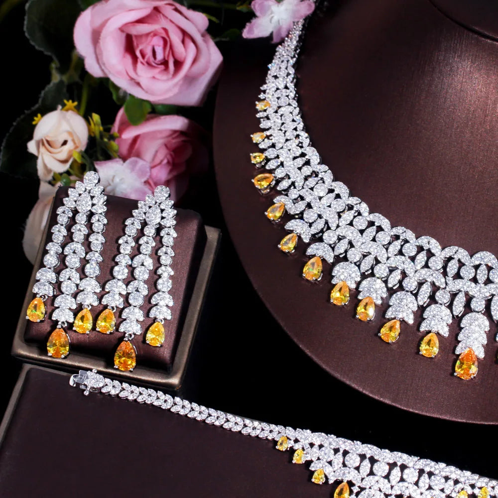 Yellow Zircon Luxury Indian Nigeria CZ Crystal Wedding Bridal Jewelry Set Big Tassel Necklace for Women Engagement Jewellery