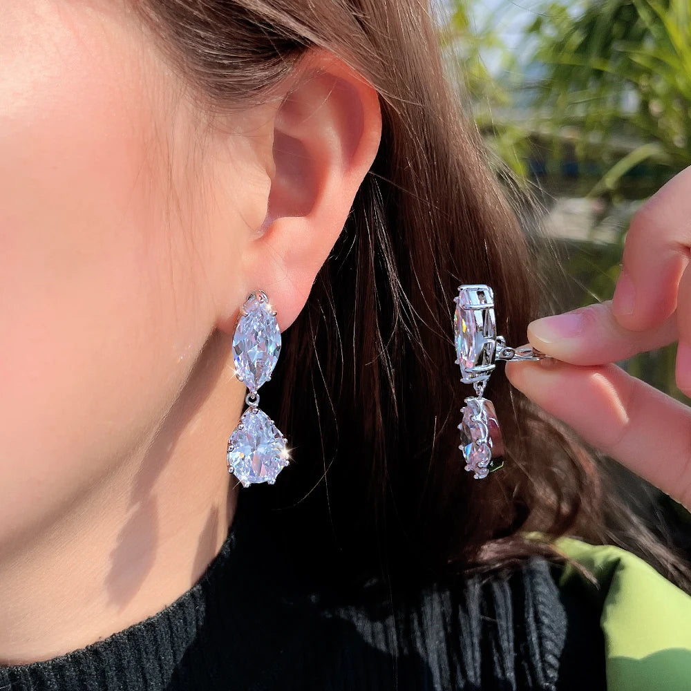 Women Luxury Non Pierced Jewellery Shiny White Cubic Zirconia Clip on Earrings for Girls Wedding Party Special Occasions Jewelry