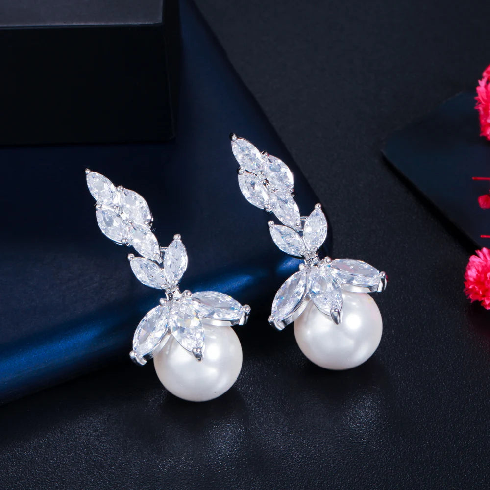 Top Quality Bling Marquise Cut Cubic Zirconia Stone Big Wedding Party White Pearl Drop Earrings Jewelry for Women