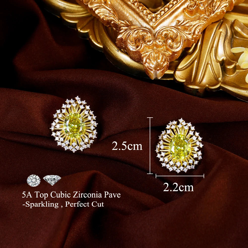 New Trendy Shiny Unique Olive Green Zircon Yellow Gold Plated Big Fireworks Shaped Stud Earrings for Women Daily Party Jewelry