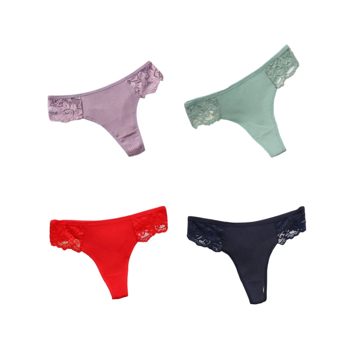 4Pcs/Set Women's Cotton Thongs Sexy Underwear Solid Color Low Waist Panties Breathable Lace Trims G-string Sexy Lingerie