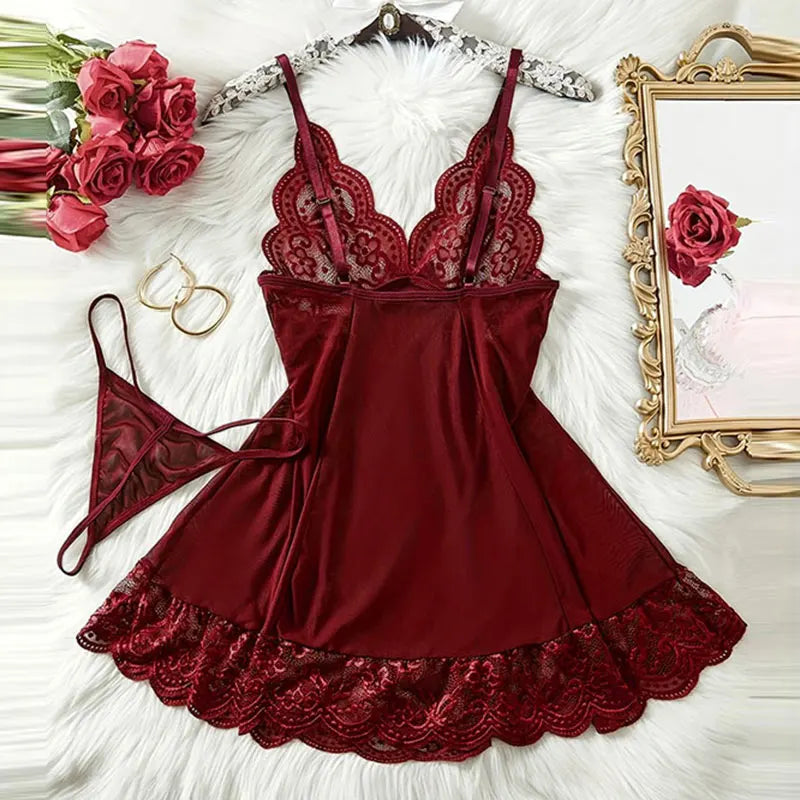 G-string Nightgown Set For Sexy Woman Ultra-thin See-through Pajama Sets Lace Sleepwear Suspender Lingerie