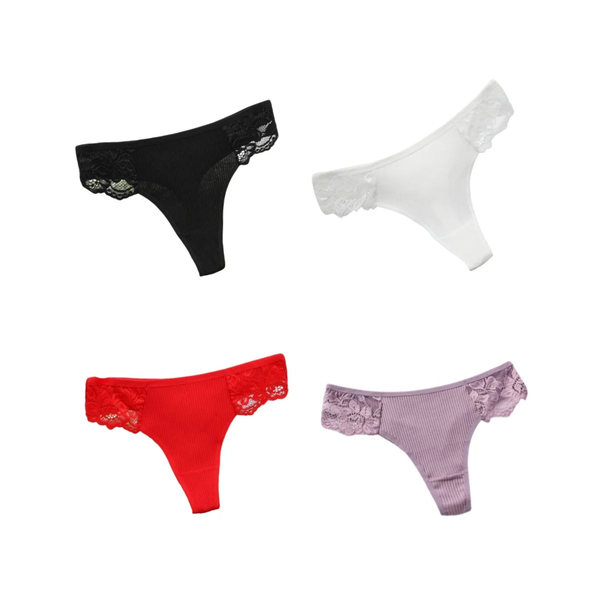 4Pcs/Set Women's Cotton Thongs Sexy Underwear Solid Color Low Waist Panties Breathable Lace Trims G-string Sexy Lingerie