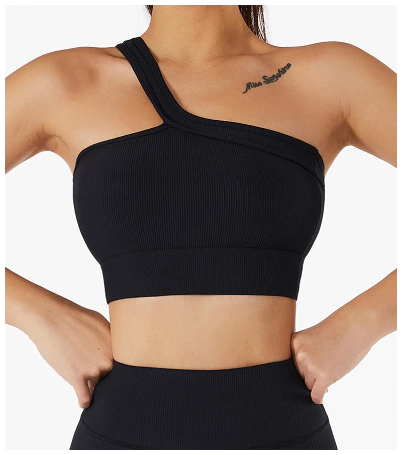 Sexy One Shoulder Yoga Bra Women Sports Crop Top Athletic Vest Push Up Underwear Sports Bra Sportswear