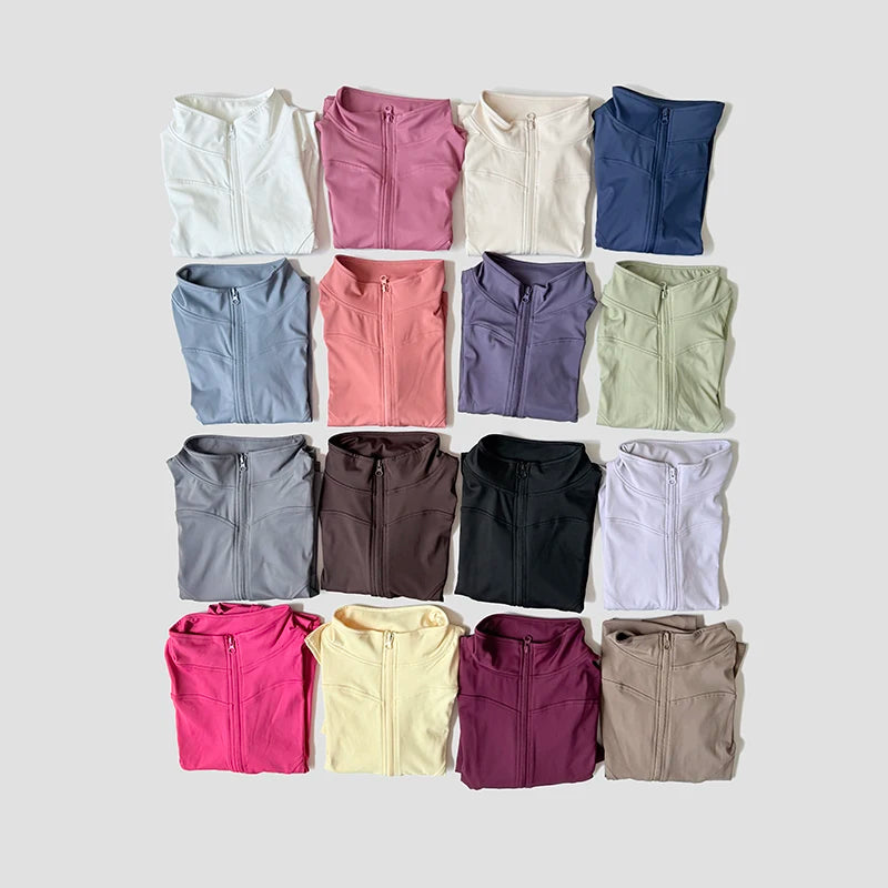 Women Slim Yoga Clothes Quick Dry Zipper Cardigan Stand Up Collar Jacket Outdoor Long Sleeved Running Fitness Sports Top