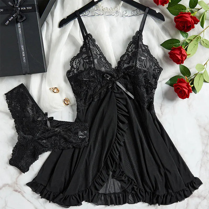 Ice Silk Thin Halter Sexy Pajamas Lace Nightdress And Thong Sets Plus Size Nightwear Women Underwear Sleepwear Transparent Dress
