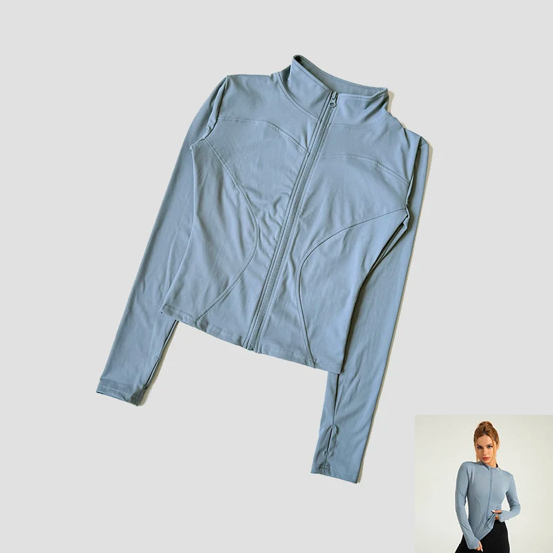 Women Slim Yoga Clothes Quick Dry Zipper Cardigan Stand Up Collar Jacket Outdoor Long Sleeved Running Fitness Sports Top