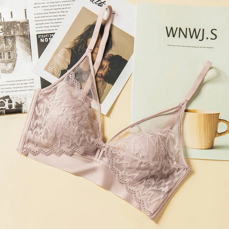 Lace Bras for Women Push Up Bra Non-wire Seamless Brassiere V-Neck Bralette 3/4 Fixed Cup Padded Underwear Sexy Lingerie