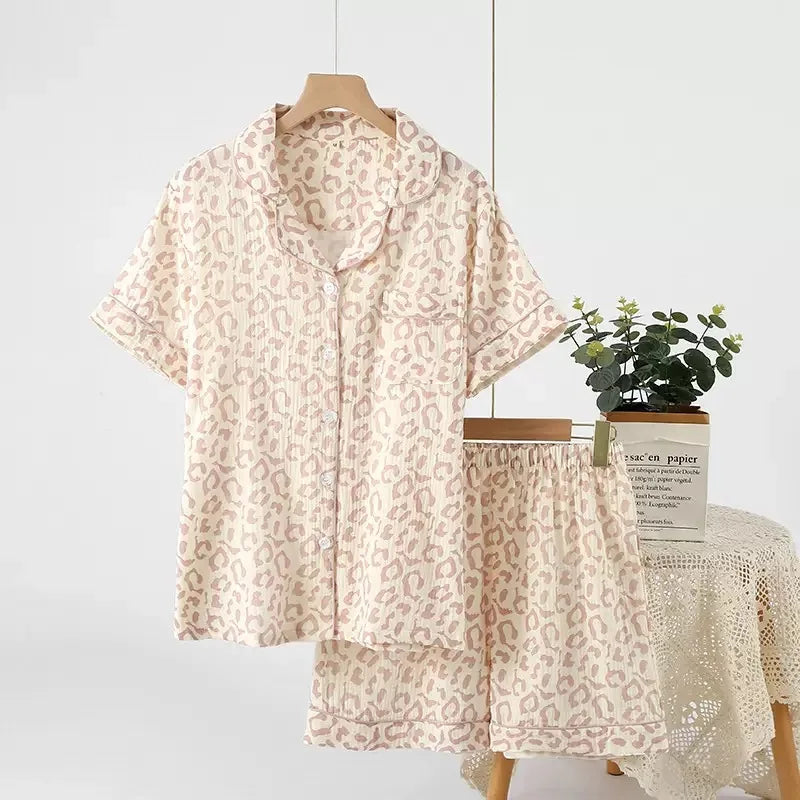 100% Cotton Gauze Women Pajama 3 Piece set European and American style Leopard Print Homewear Summer Women's Pajama Set