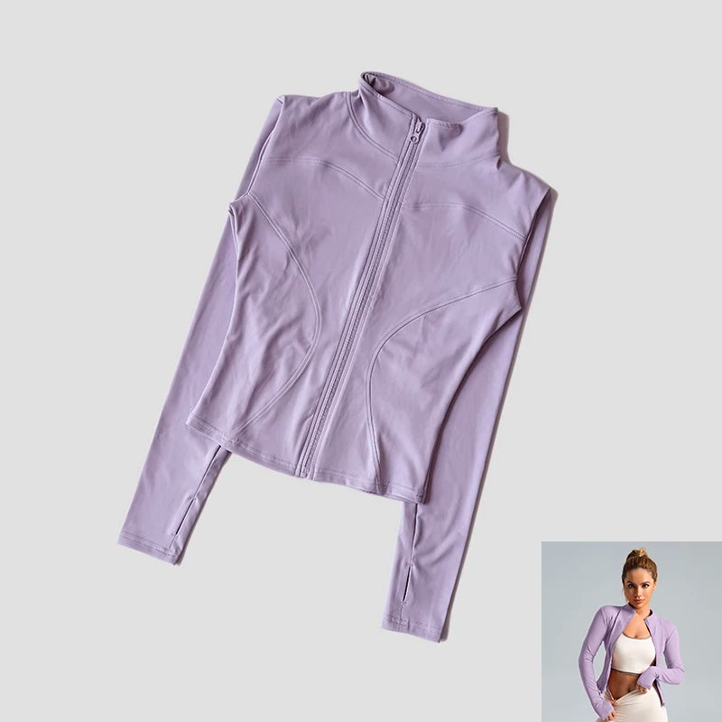 Women Slim Yoga Clothes Quick Dry Zipper Cardigan Stand Up Collar Jacket Outdoor Long Sleeved Running Fitness Sports Top